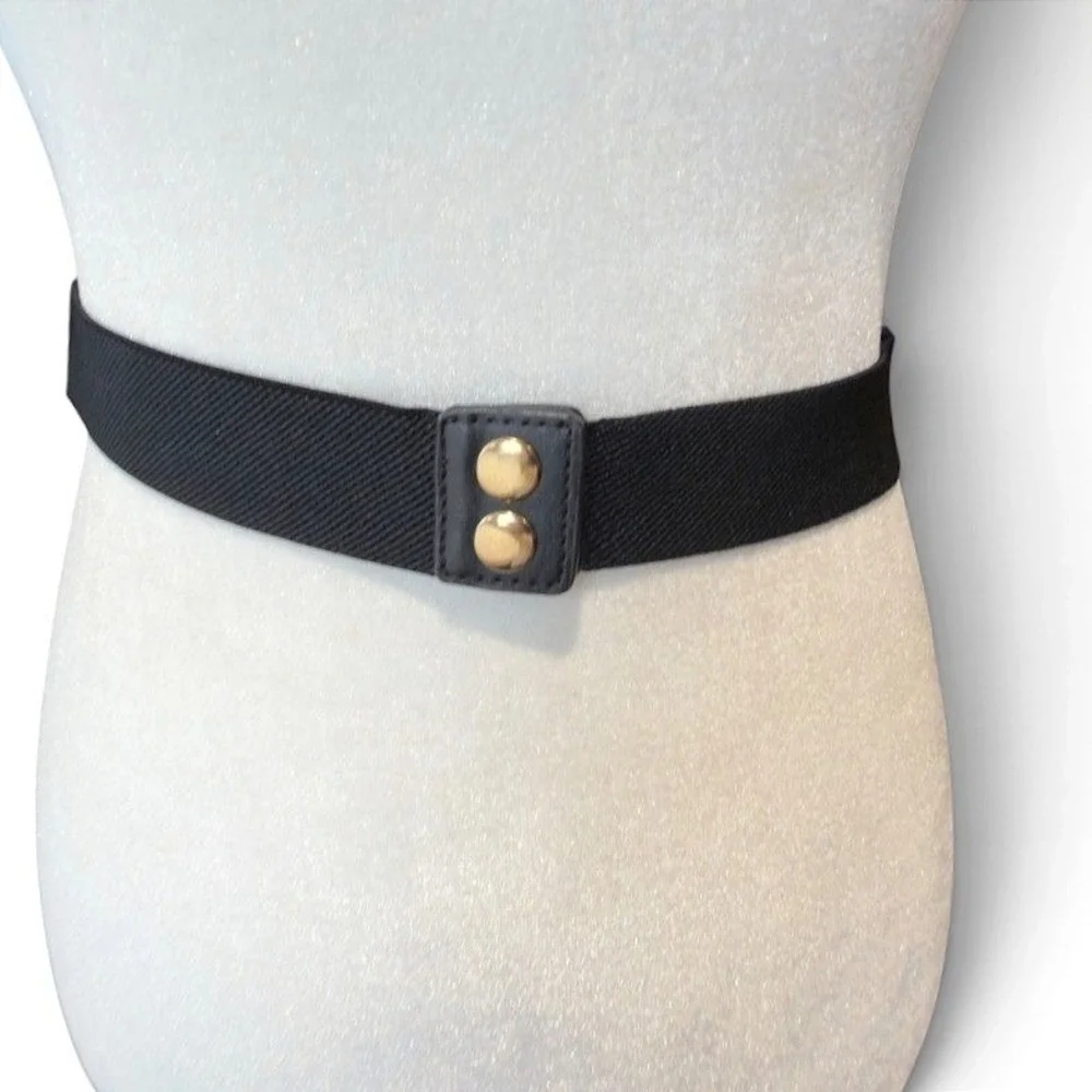 Black Elastic Belt Women M Gold Metal Plate 80s Glam Statement Maximal Vintage